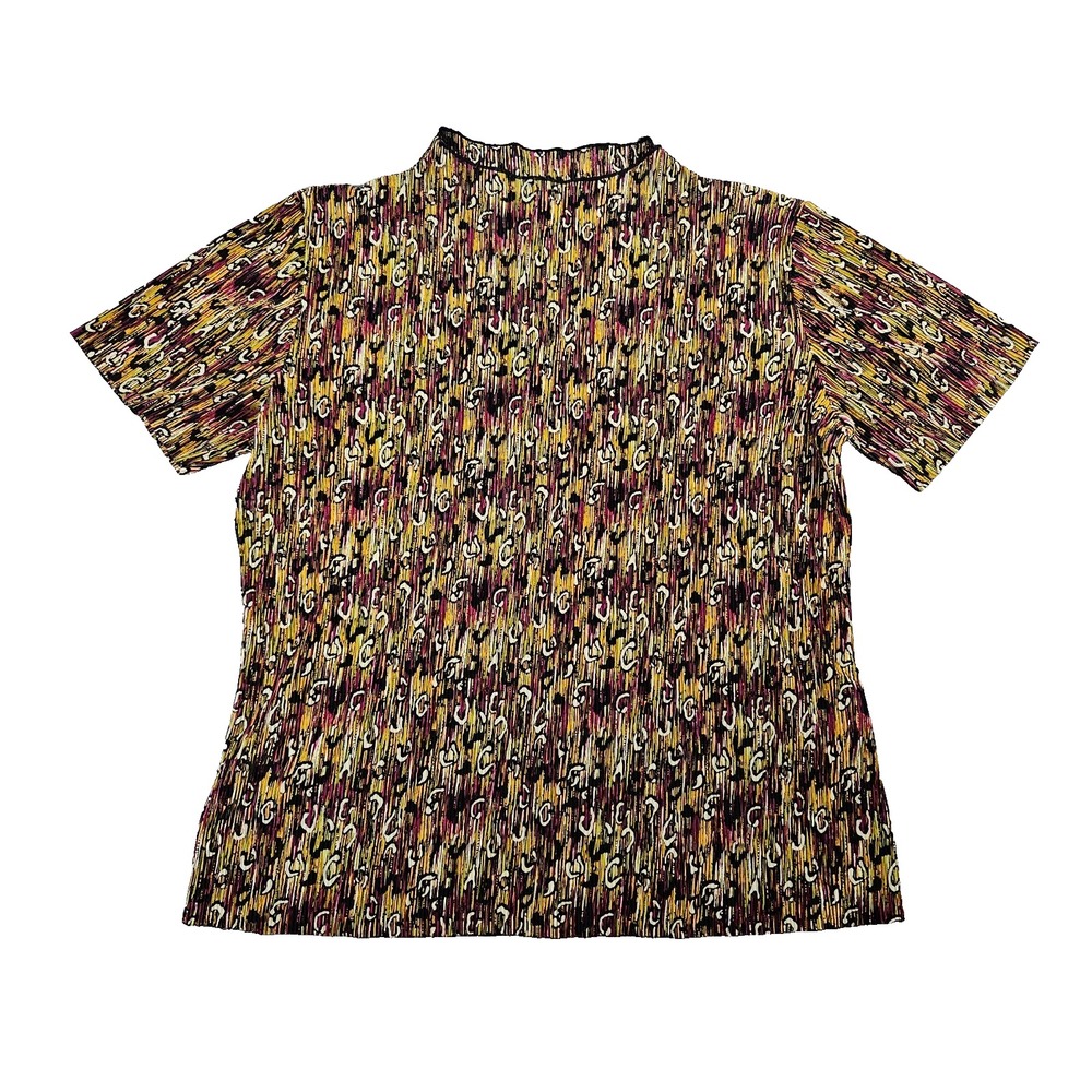 Effeci Sz M VTG Textured Stretchy Abstract Retro Mock Neck Short Sleeve‎ Top
